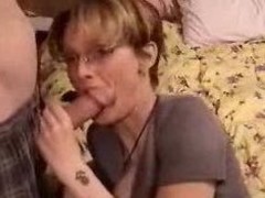 Short Hair Milf Almost Glasses Gives Blowjob Almost Facial
